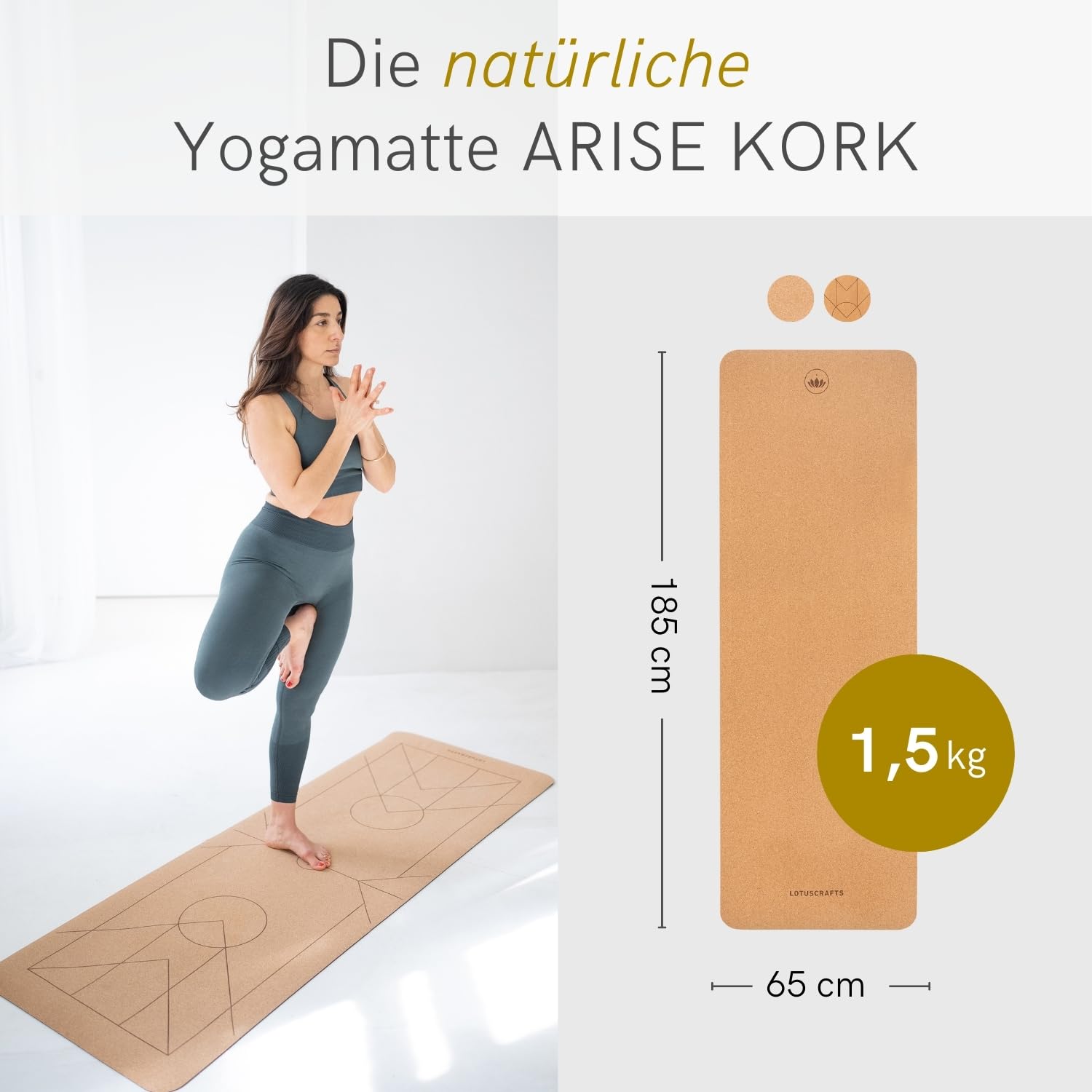 Lotuscrafts® Arise Cork Yogamatte Kork mit 100% Naturkautschuk, Extrem Rutschfest, Yoga Matte für Hot Yoga mit Sweat Proof Oberberfläche, 185 x 65 x 0,4 cm