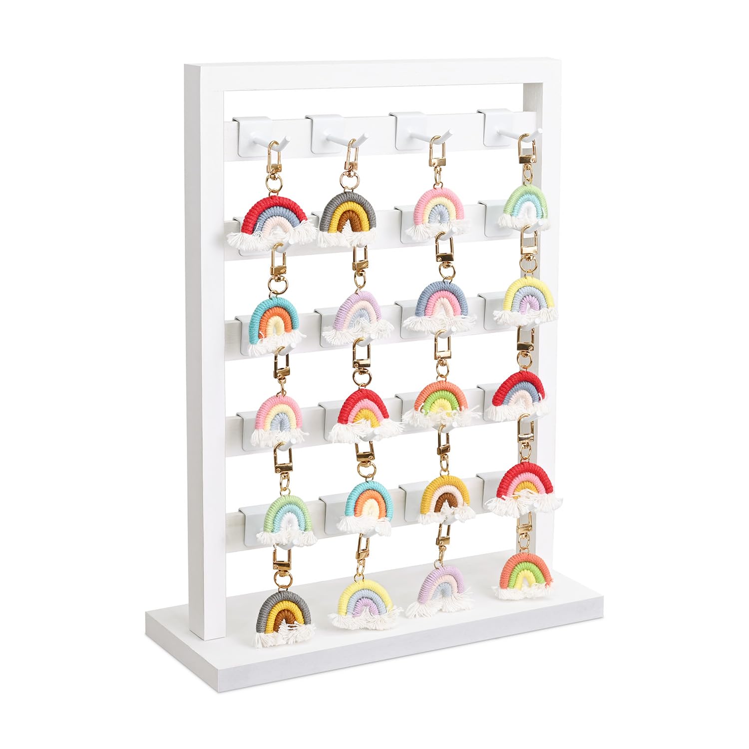 Ikee Design 5 Tiers Free Assemble Wooden Jewelry Display Rack with 20 Removable Metal Hooks,Earring Card Display Stand,Jewelry Organizer,Bracelet Organizer,Keychain Display Stand,Wash White