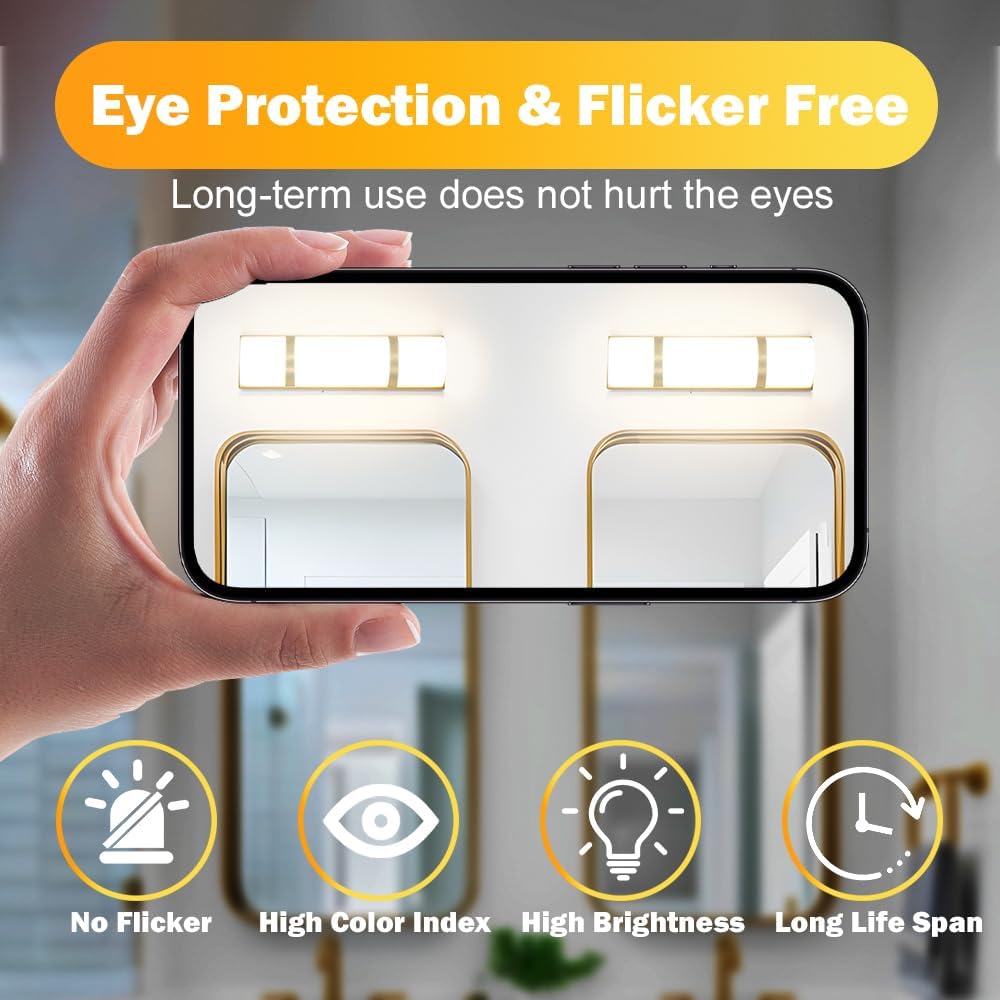 LED Bathroom 16 Inch Vanity Lighting Fixtures | CRI 90 4000K Matte Gold Wall Sconces Set of Two with White Frosted Glass Lamp Shade | 120V 15W 1200LM Dimmable with Dimmer Switch(not Included)