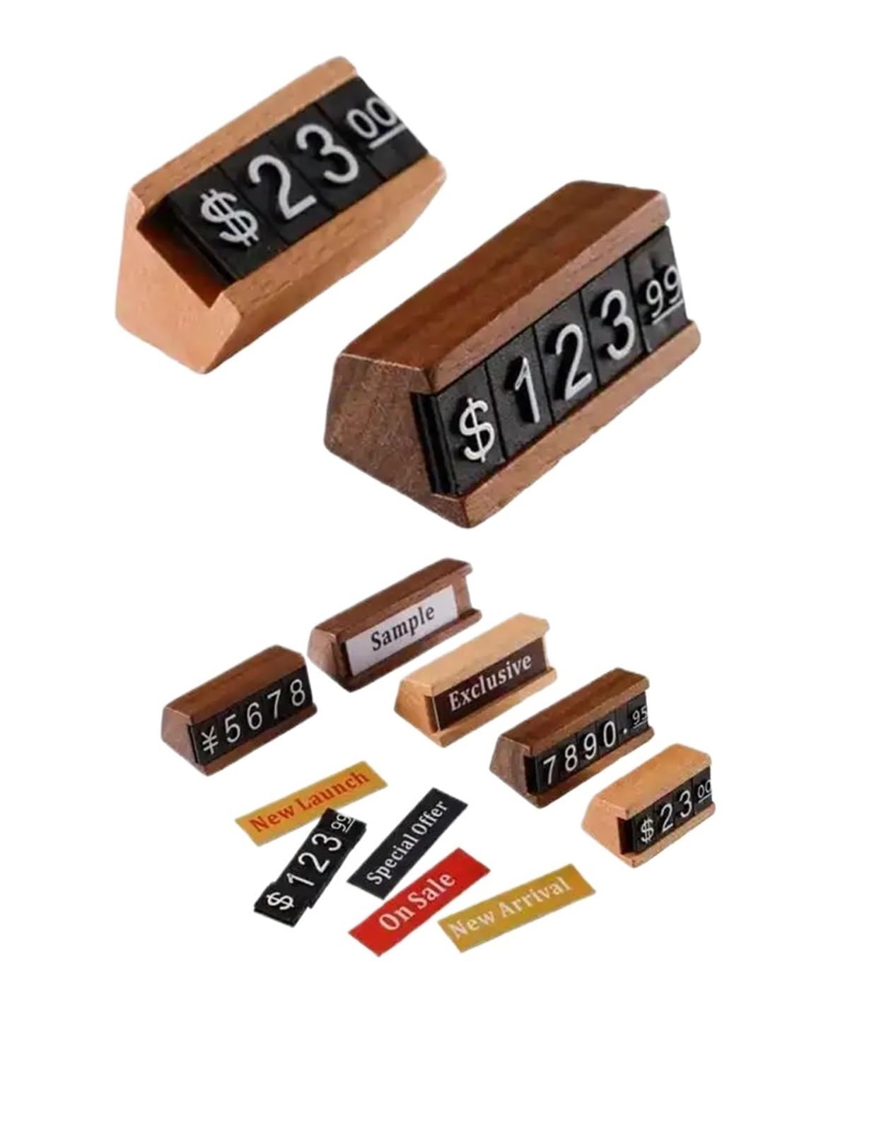 Zovloer Solid Wood Products Price Tag 6pcs Wood Promotion Slogan Sign Stand Kit Commodity Artwork Jewelry Digital Products Showcase Price Tag For Retail Store Boutique Restaurant(L)