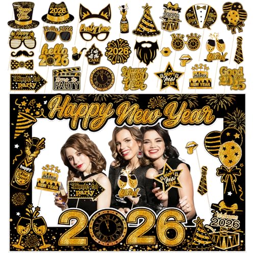 31Pcs New Year Photo Booth Props Set, Happy New Years Photo Props with Selfie Frame for New Year Eve Party Supplies 2026