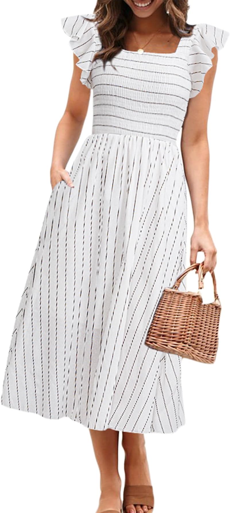 Womens Summer Smocked Midi Dress Casual Flutter Sleeve Long Boho Flowy A Line Church Modest Dresses with Pockets