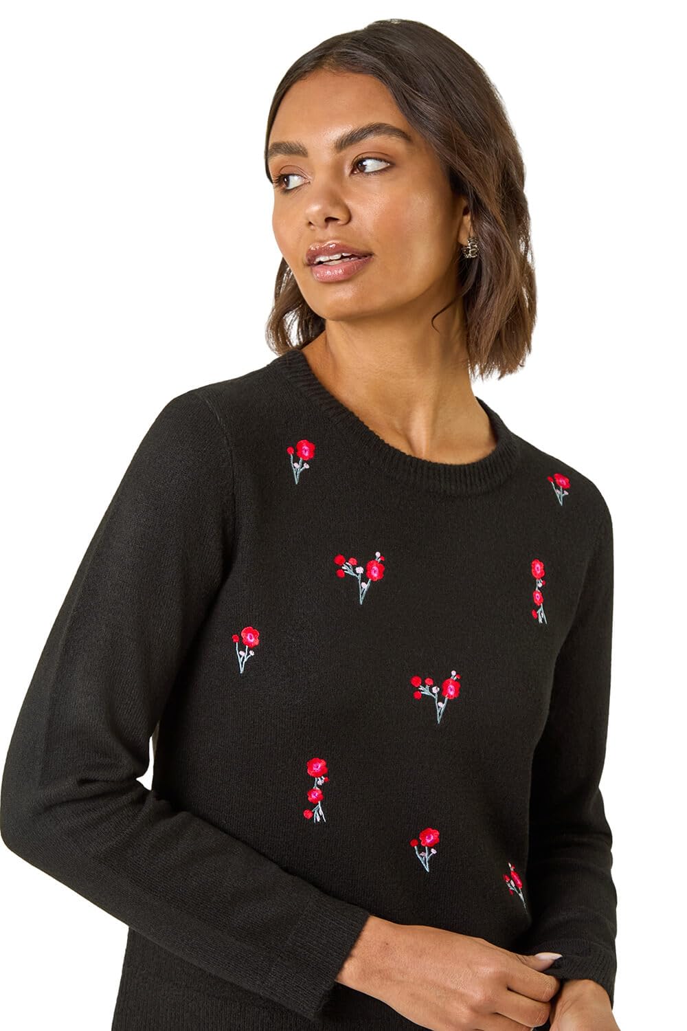 Roman Women's Black Floral Embroidered Knit Jumper In Size 14