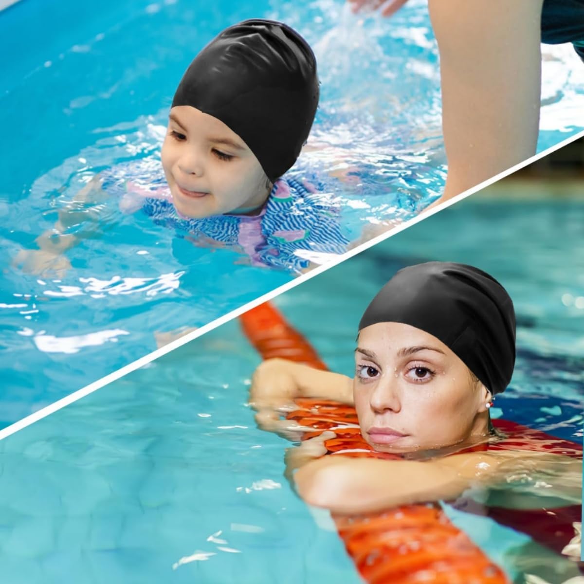Junior silikonowy czepek kąpielowy, czepek pływacki dla kobiet i mężczyzn, czepek pływacki dla dorosłych, czapka silikonowa, długie włosy, czarne
