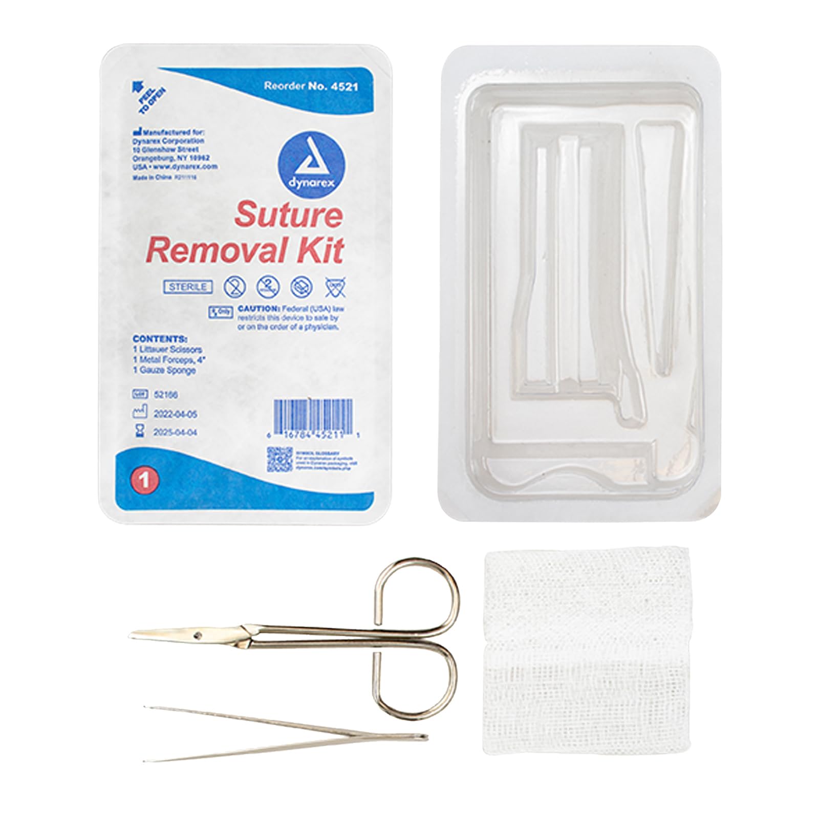 Dynarex Suture Removal Kits, Sterile, Acts as a Staple and Suture Extractor for a Near Painless Experience, Includes Littauer Scissors, Gauze Sponge, and 4" Metal Forceps, Case of 50