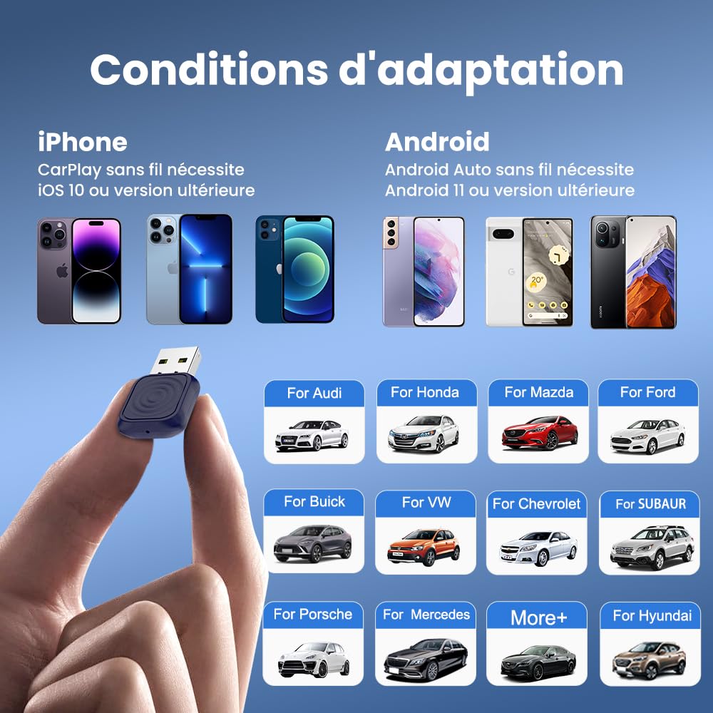 CarlinKit Adaptateur sans fil CarPlay et Android Auto MINI-Ultra 2 en 1, Design Mini Bâton, Mise à Niveau OTA pour Conversion CarPlay/Android Auto