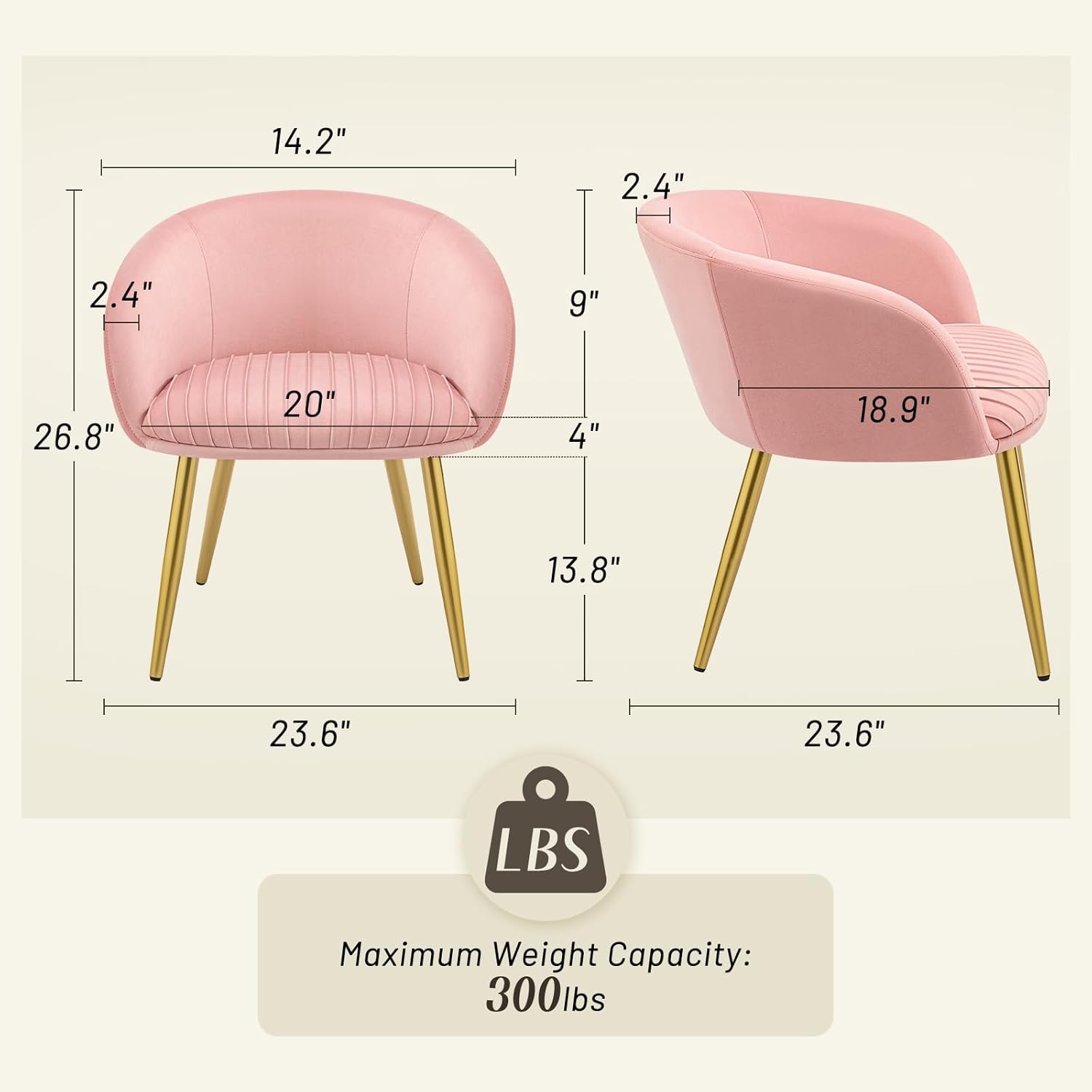 Accent Armchair No Wheels, Girls Desk Chair Comfy for Makeup Vanity, 20" Extra Wide Cushion Tufted Upholstered Modern Dining Chairs with Gold Metal Legs, Bedroom Living Room Home Office, Pink
