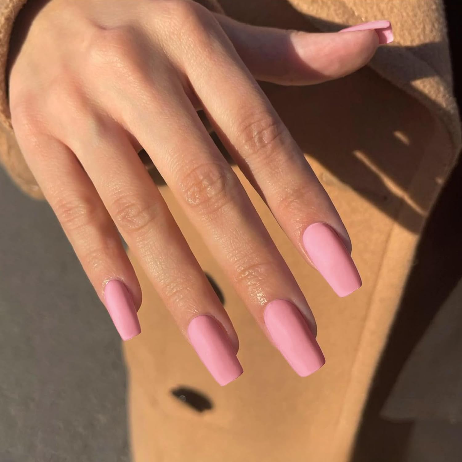 KQueenest Soft Gel Press on Nails Long Square, Matte Pink False Nails Long Medium Coffin, Natural Solid Fake Nails Set - Image 2