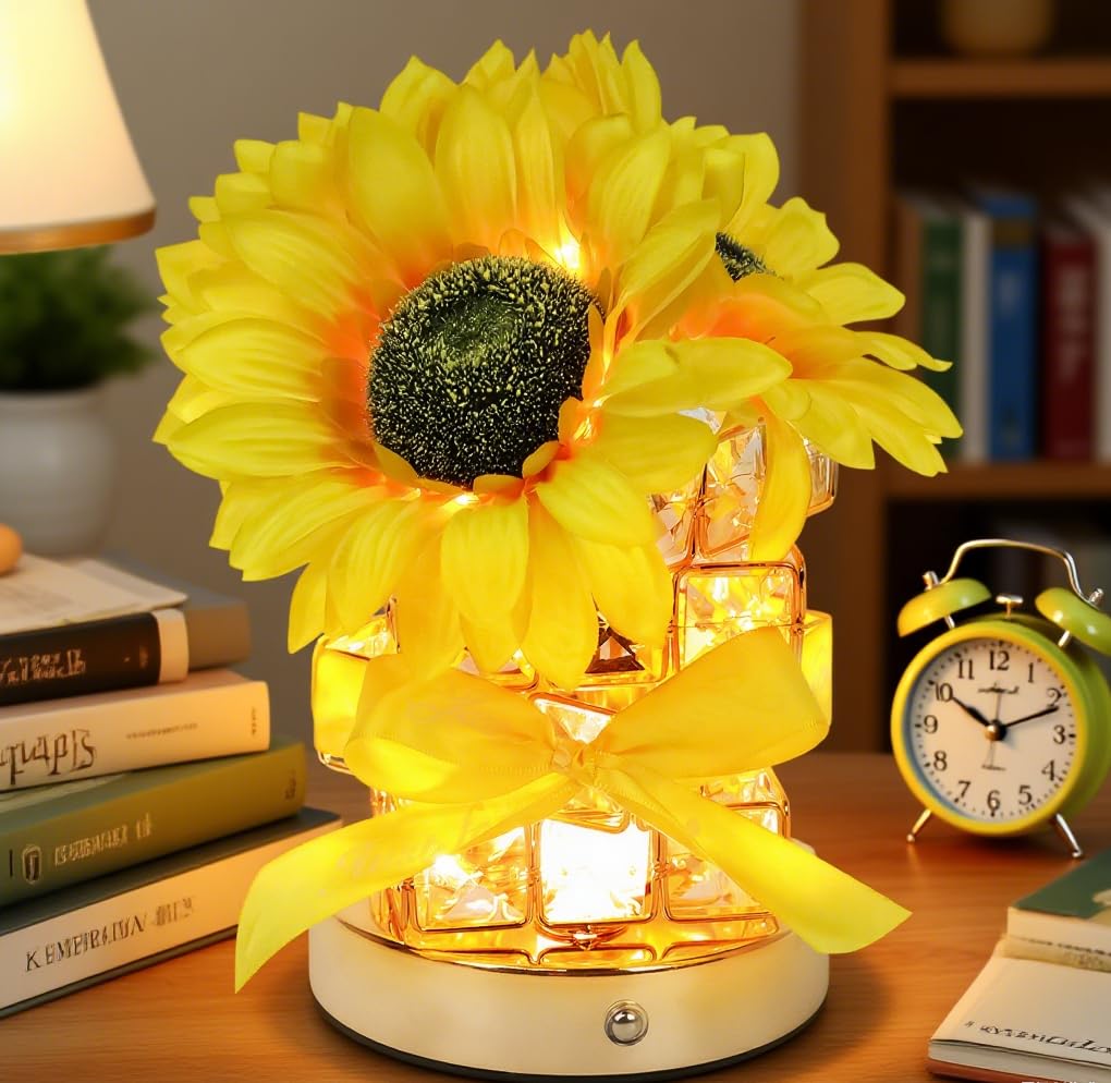Les-Theresa Sunflowers Flower Lamp, Touch Lamps Bedside 3 Modes Crystal Table Lamp, Nursery Night Light Rechargeable USB Dimmable Flower Table Night Lamp Gift for Kids Women Mom (Sunflower)