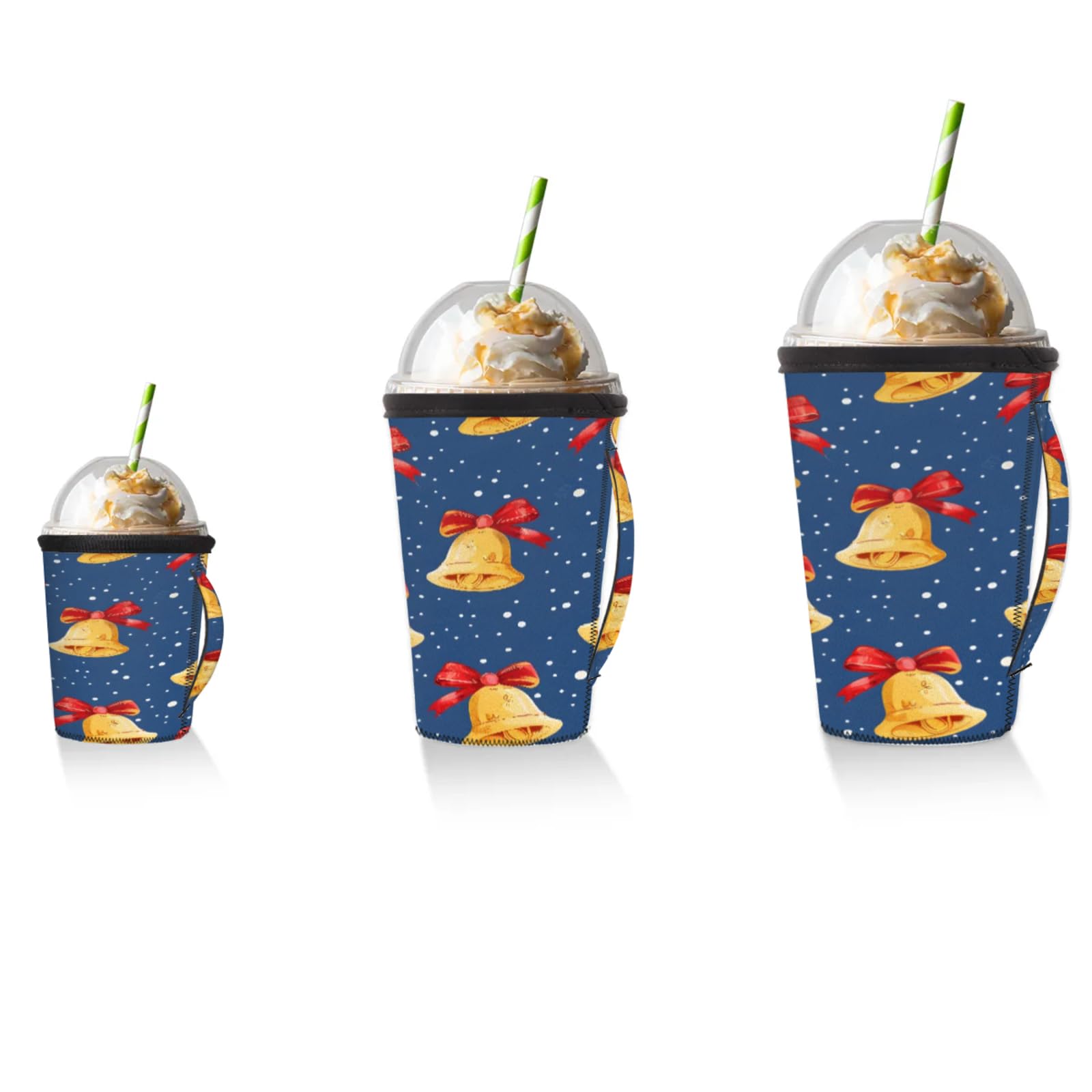 Snowflakes Bells Reusable Neoprene Coffee Sleeve with Handle Insulated Iced Coffee Cup Holder Reduces Condensation Fits 24-28 oz Cups M