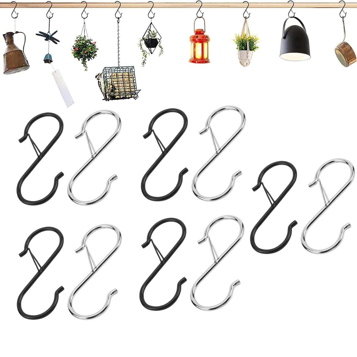 ALMEKAQUZ 10Pcs S Hooks Hanging Safety Buckle, 3.5 Inch Heavy Duty S Hooks, Hanging Plants for Closet Hooks, Clothes, Kitchen Utensil, Pots and Pans, Bags (5Black+5Nickel)