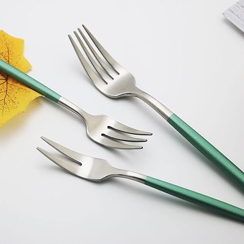 Miniatura 5 de JASHII Juego de 6 tenedores de cóctel y tenedores de aperitivo de 2 dientes verdes y plateados, acabado satinado, mini tenedor de fruta de acero