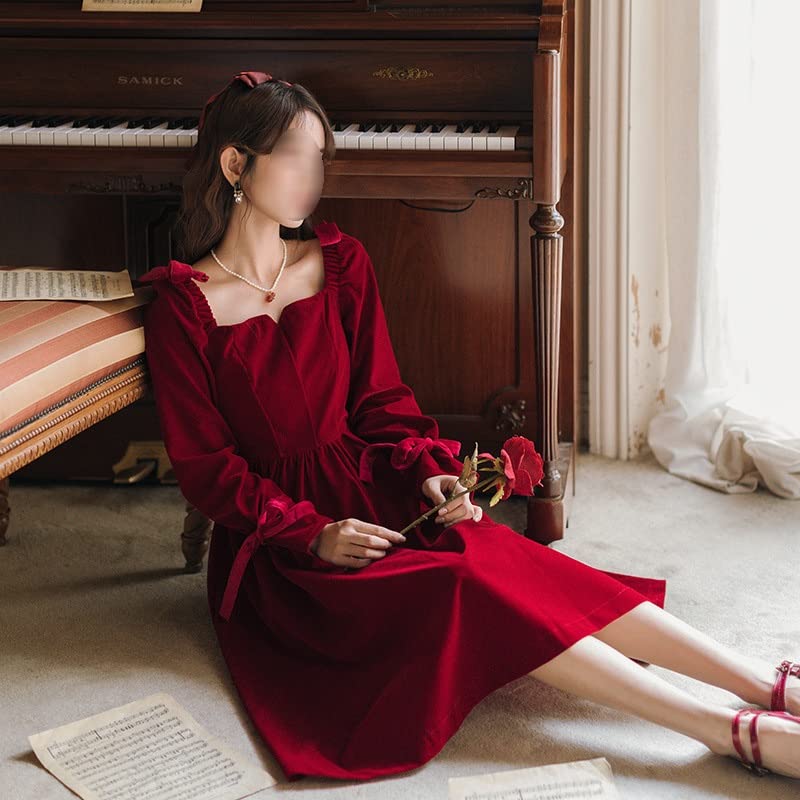 KJGLW Women's Autumn Clothes French Style Vintage Dress Mori Skirt Square  Neck Red Dress (Color : Rosso, Size : S) : Amazon.co.uk: Fashion