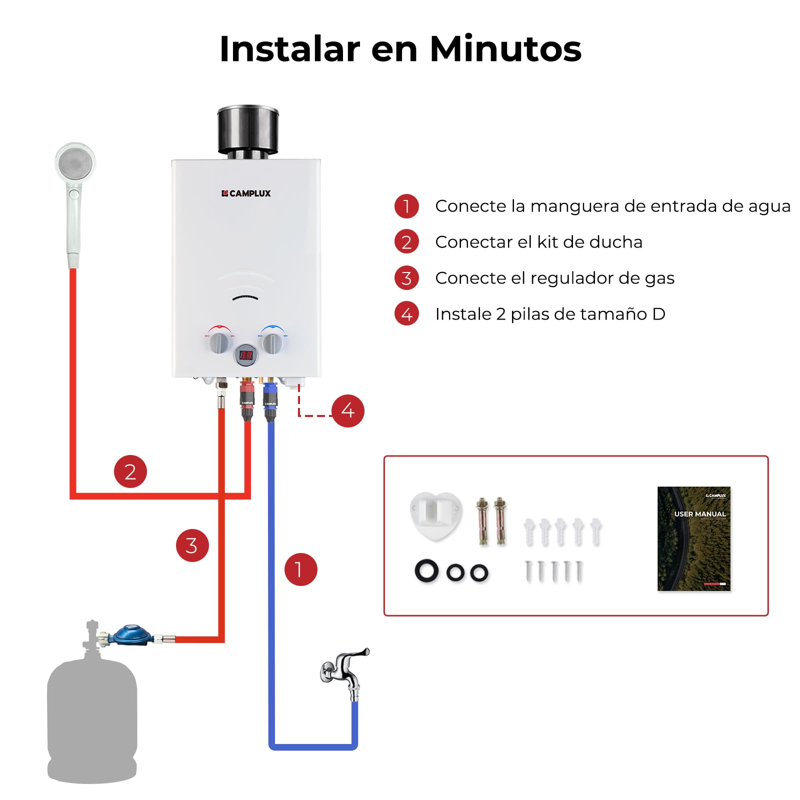 Camplux BW158C Calentador de agua instantáneo de gas con cubierta de lluvia, Tankless LPG Calentador de agua portátil 6 l, 12 kW, 50 mbar, para camping, ducha de caballos