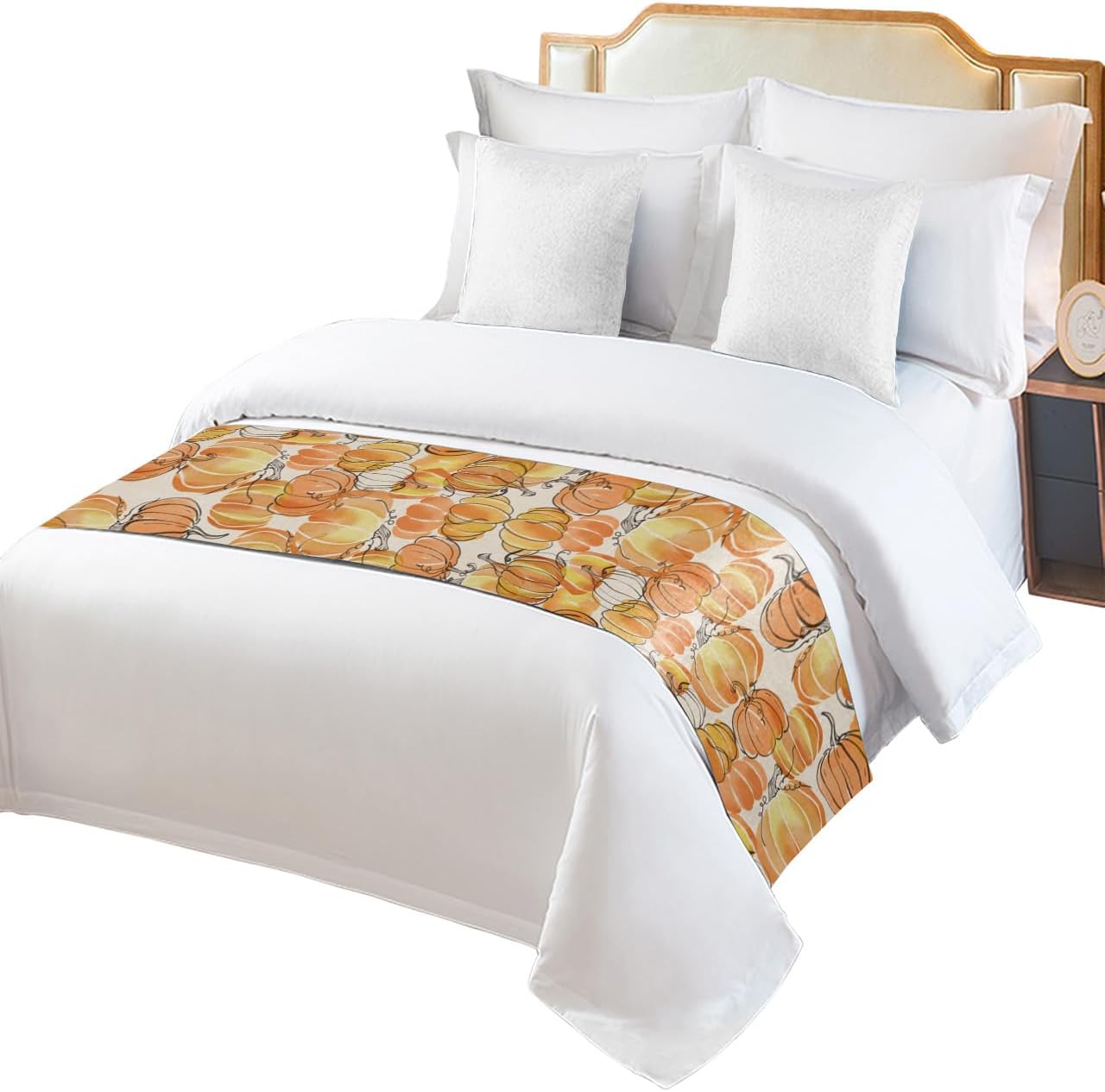 Bed Runner Scarf, Thanksgiving Fall Hand Drawn Orange Pumpkin King Bed Bedding Scarves Cover Decorative Bed Scarf for Home Hotel Guesthouse Bedroom Wedding Room Guestrooms 102"x20"