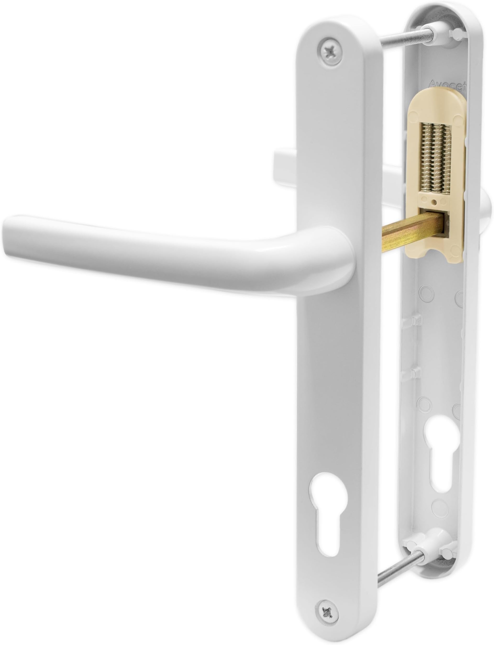 TSS White UPVC Door Handle Pair Set, Sprung, 92mm PZ Centres Lever Moveable Pad 122mm Screw To Screw Screw Centres Backplate 245mm X 34mm Replacement Pvc Door Handle In White