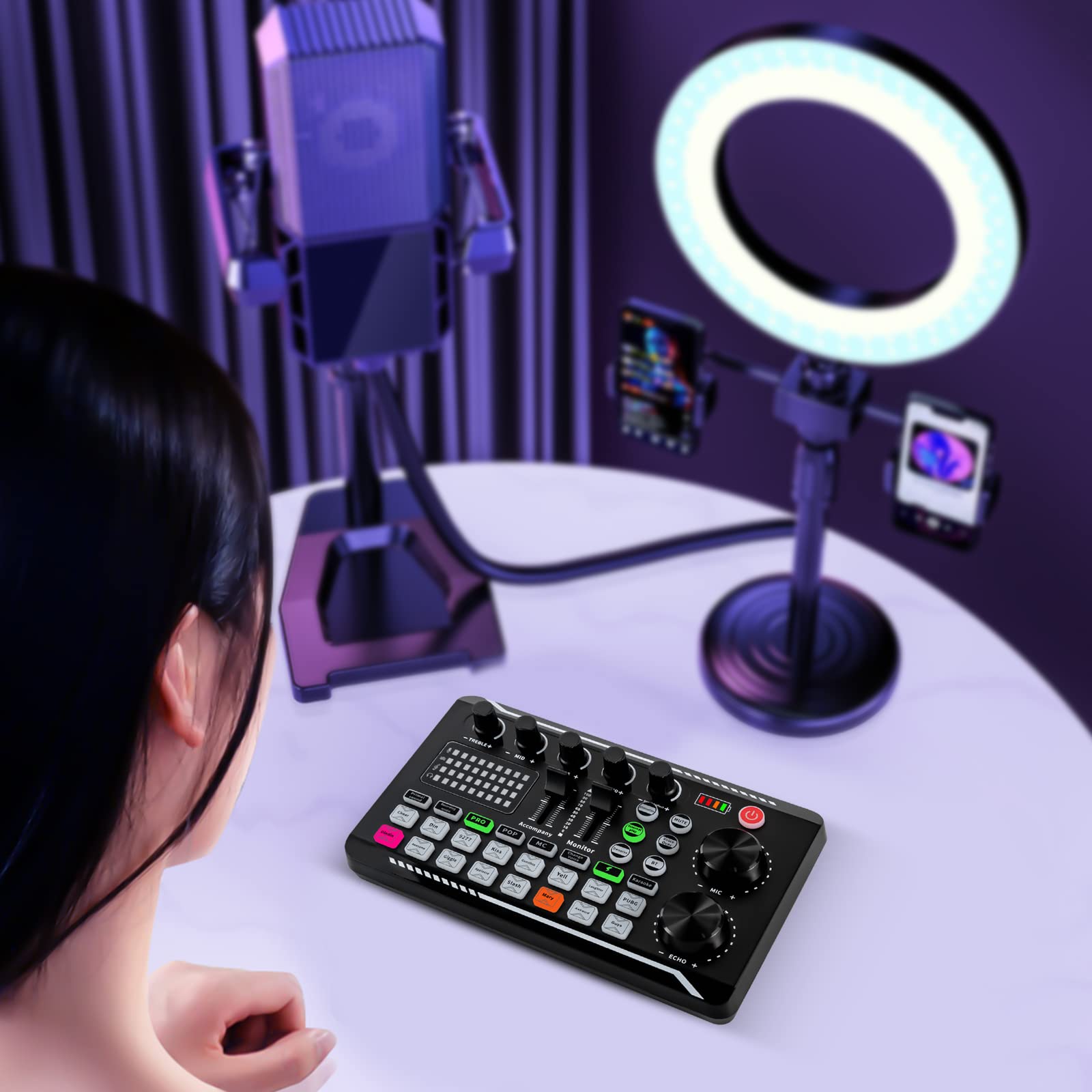 Scheda audio Live Sound Effects Board, F998 Bluetooth Stereo Audio Mixer con effetti DJ mixer e cambio vocale, microfono per Youtube Live Streaming PC, studio di registrazione e gaming
