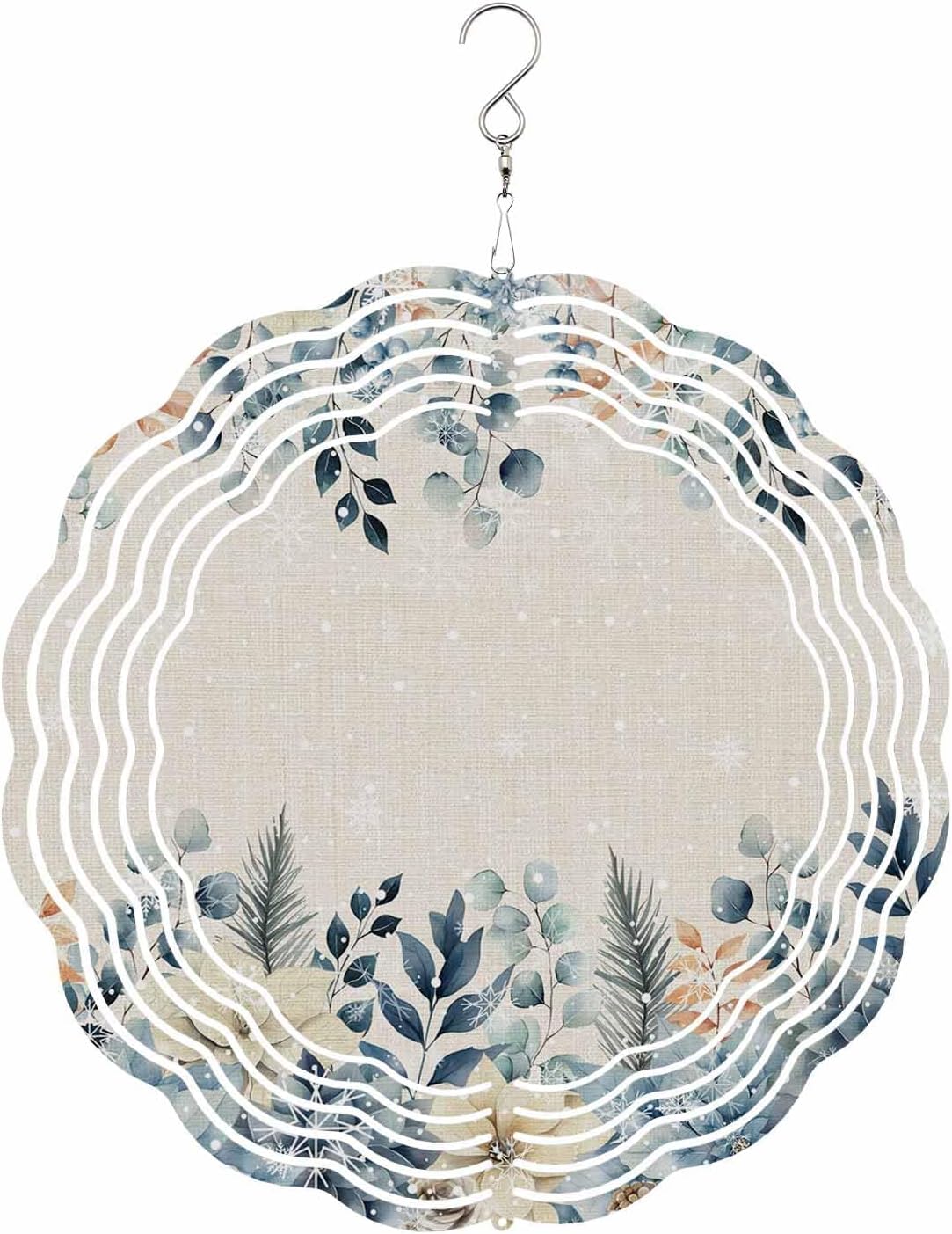 Rustic Eucalyptus Leaves Wind Spinner 3D Stainless Steel, 12 Inch Double Sided Circle Hanging Wind Spinners, Christmas Snowflakes Burlap Garden Art Wind Sculpture for Yard Porch Front Door