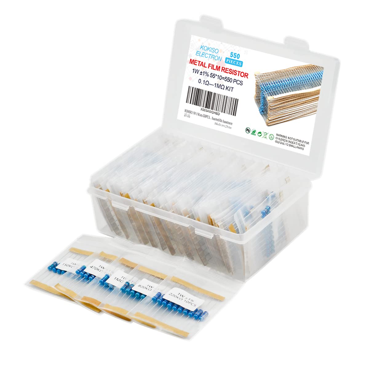 KOKISO 1W 1 Watts 550PCS 55 Value (0.1 ohm—1M ohm) Metal Film Resistor +/-1% Assorted Kit Assortment