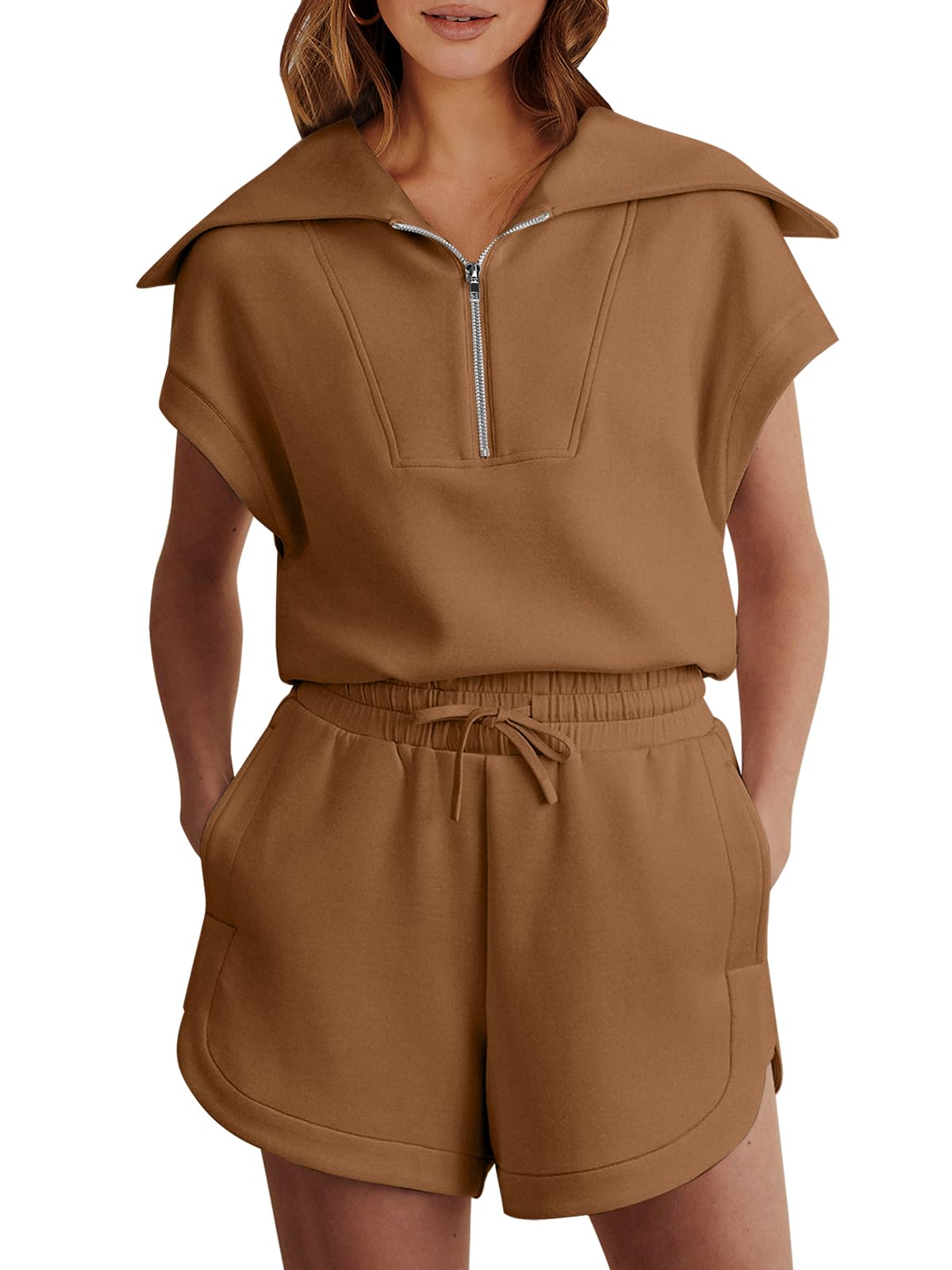 ANRABESSTwo Piece Sets for Women Summer Half Zip Short Set Sweatsuit 2 Piece Outfits Sweat Lounge Sets Tracksuit