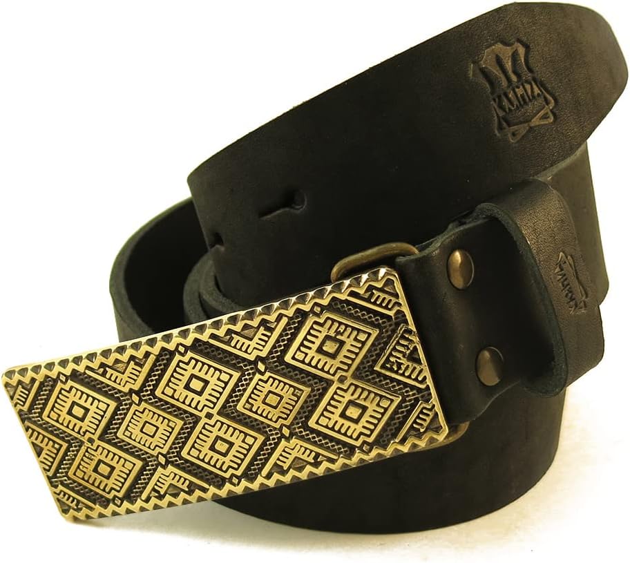 Leather belt with brass buckle "Krayka", Ukrainian ornamental buckle rhombuses, woven buckle embroidery, etnic solid brass buckle for men and woman