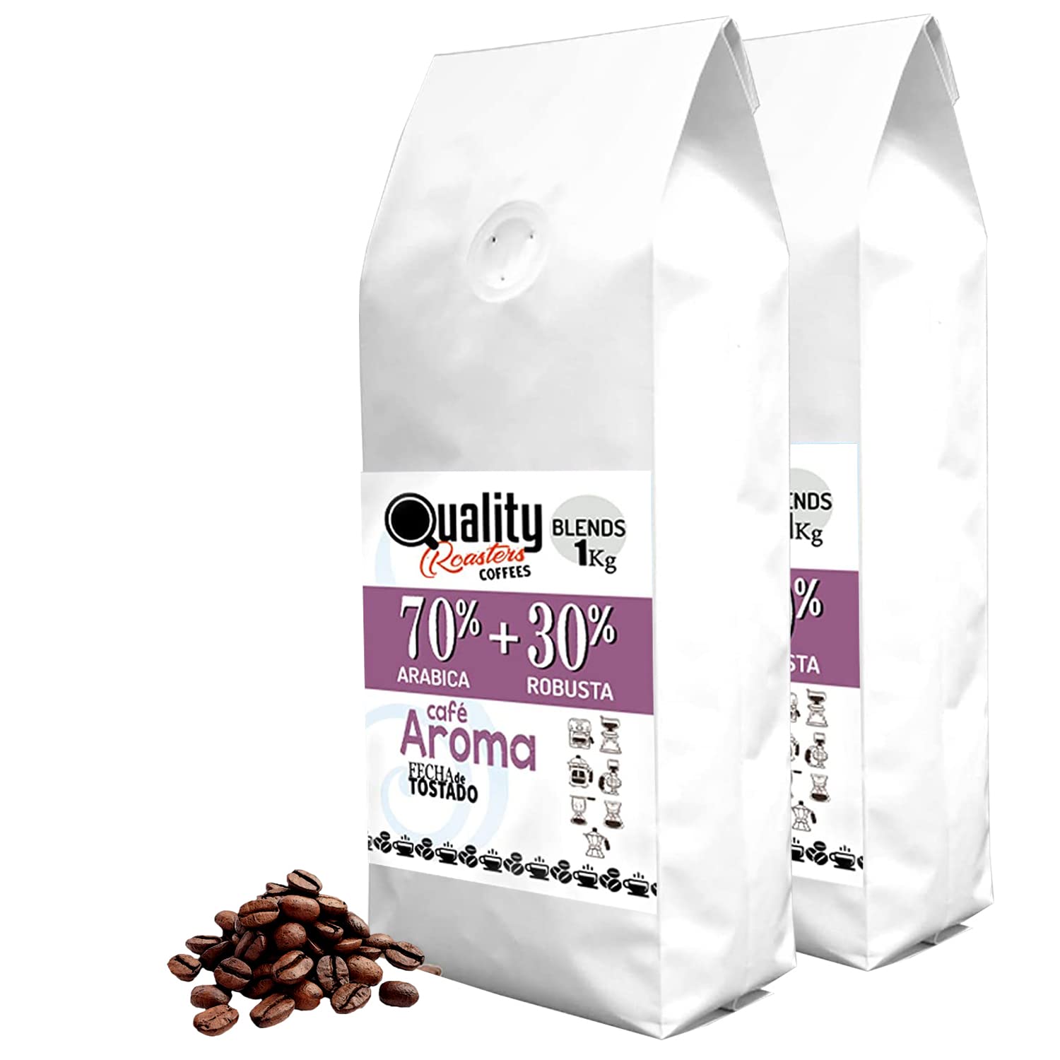 Café en grano natural "Aroma". 70% Arabica + 30% Robusta. Blend. Tostado artesanal. (2 Kg, Tostado clásico)