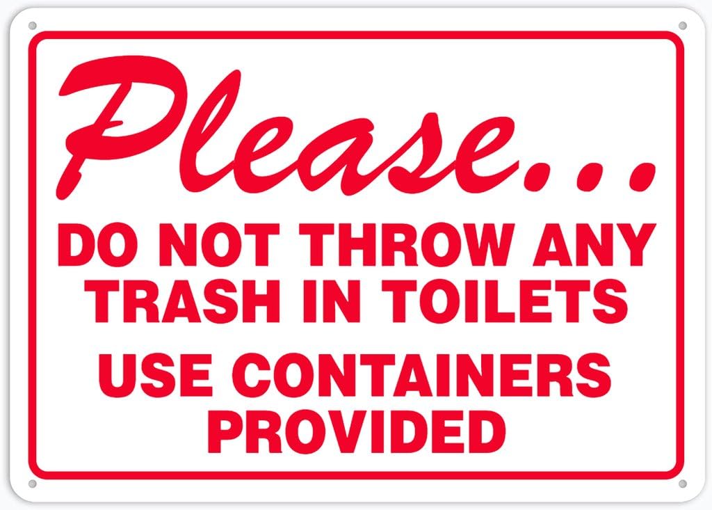 8"x12" Tin Metal Sign - Please Do Not Throw Trash In Toilets (Use Containers Provided) - Decorative Plate For Bathroom, Home, Club, Cafe, Bar Wall Decor