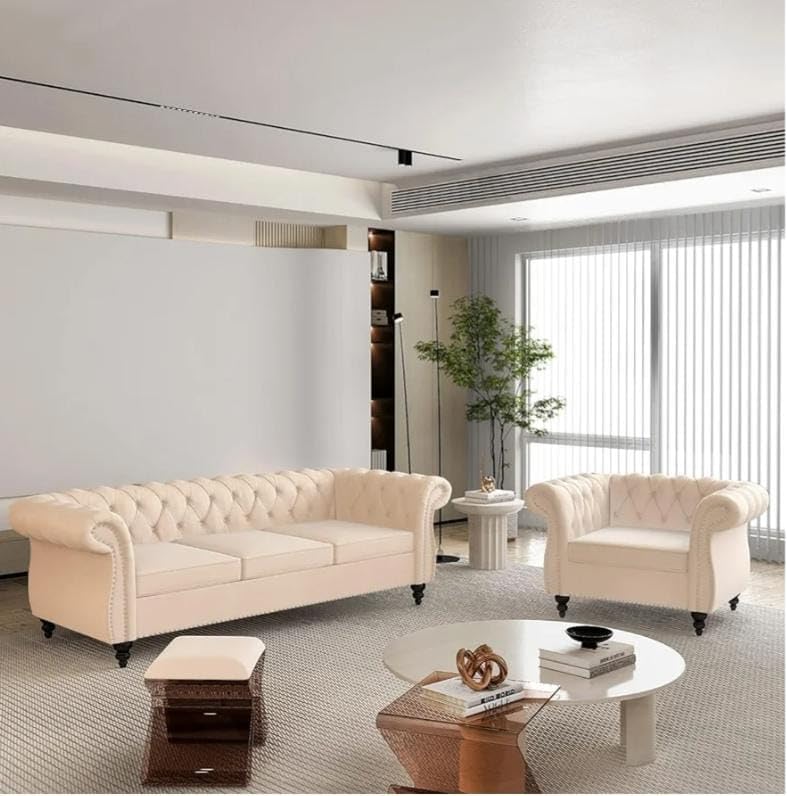Image of Royale Hand Tufted Four (3+1) Seater Elegant Wooden Base Sofa in Wide Extravagant Fabric, Gives Luxurious Look for Home /Living Room /Office /Guest Room /Hotels