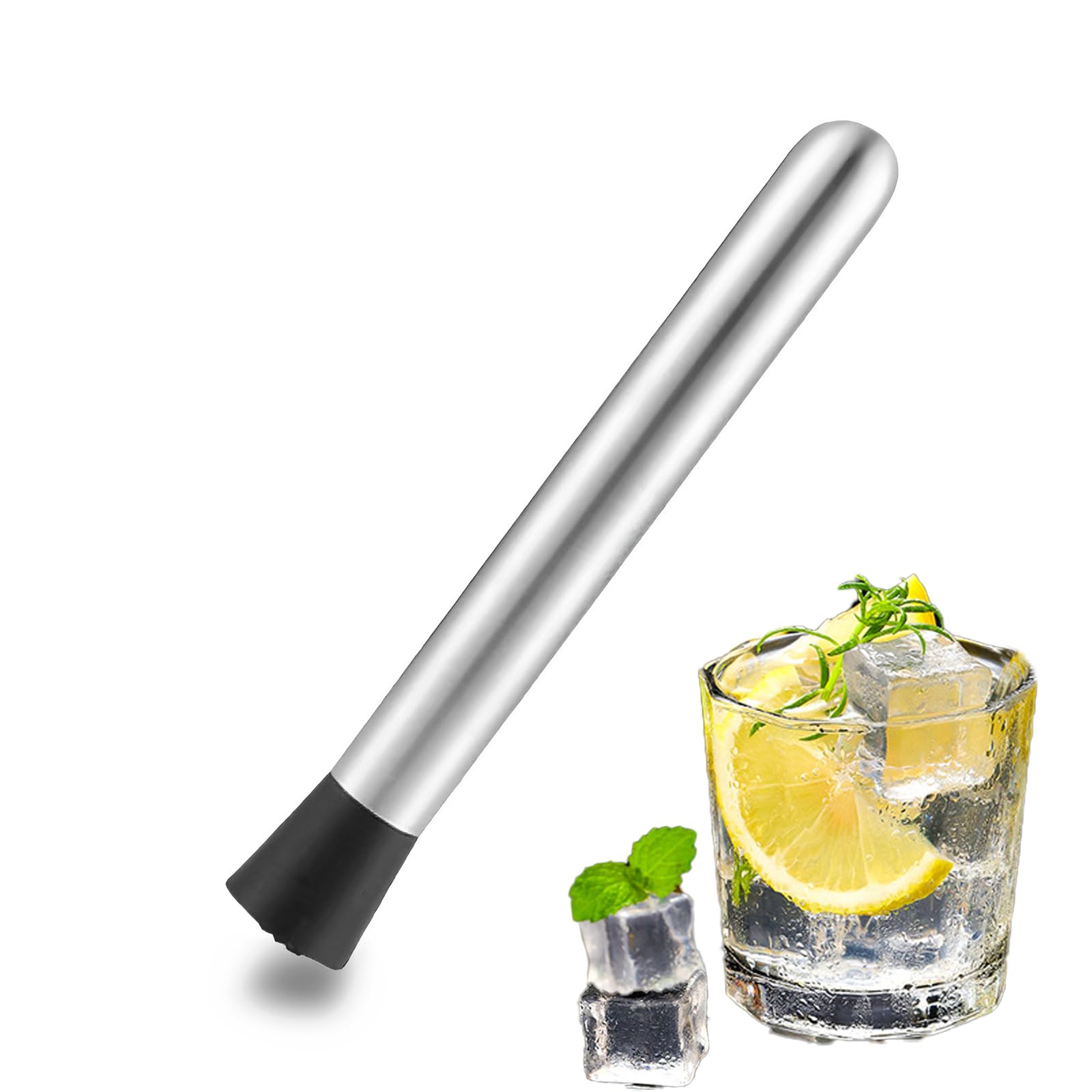 Stainless Steel Cocktail Muddler,24.5 Cm Muddler Multi-Functional,Silver Fruit Ice Crusher Stick With Grooved Head,Professional for Cocktail Making,Fruit Crushing, Muddling,Mojito Making