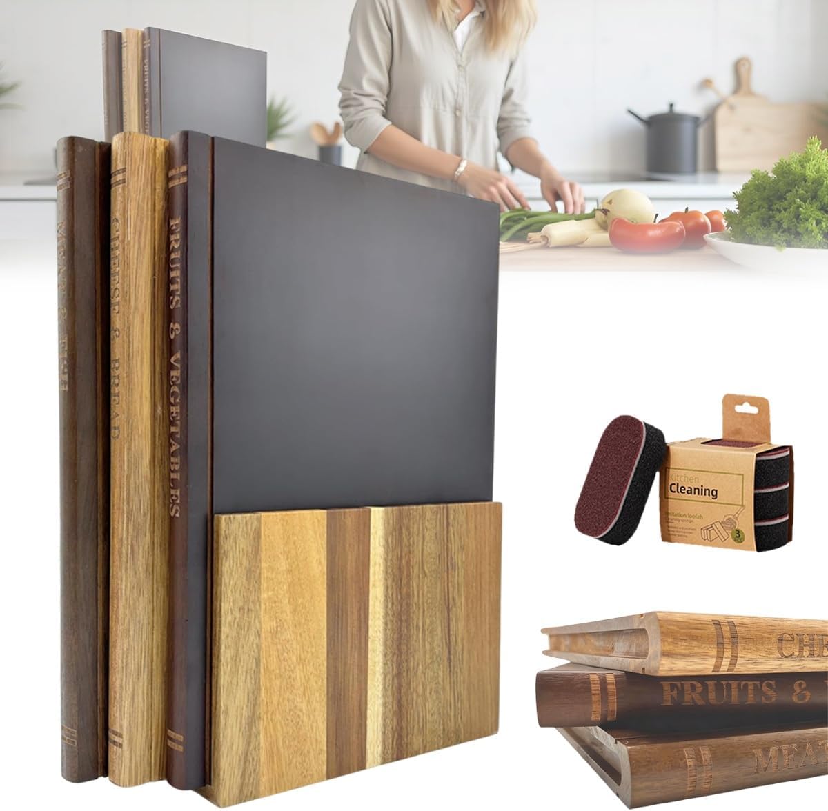 Set de 3 tablas de cortar de madera con soporte miniatura 7