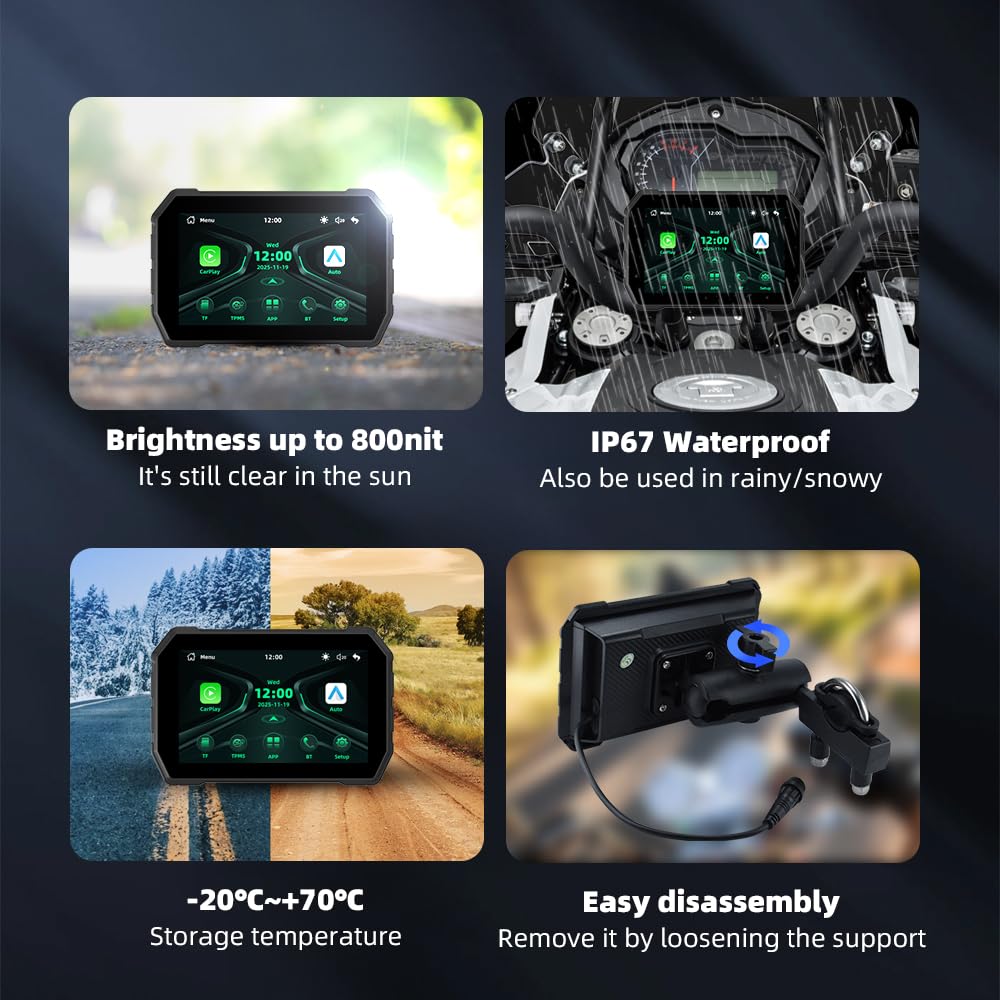 Bezprzewodowy odbiornik samochodowy CarPlay i Android do motocykla, ekran dotykowy IPS 800 nitów, IP67, wodoodporny ekran dotykowy, BT 5.0, obsługuje mapy / muzykę za pośrednictwem smartfona