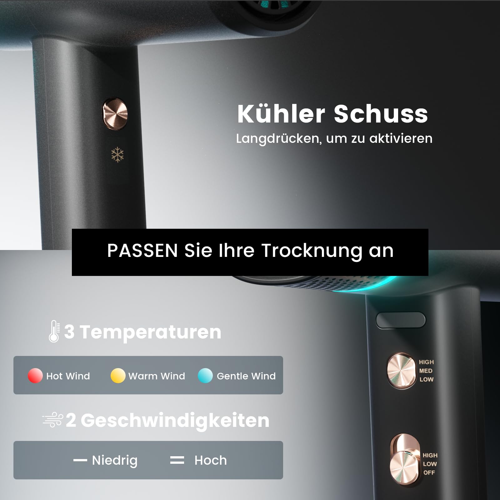 Föhn Ionen Haartrockner, 150000 U/min Fön mit Diffusor für Frauen & Männer, Schnelltrocknen mit 3 Temps/2 Geschwindigkeiten, Leicht für Heimreisen, Gleichmäßige Hitze, Geräuscharm, Schwarz