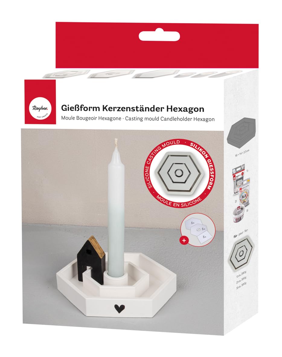 Rayher Silicone Mould Candle Holder Hexagon 16 x 14 cm, Height 2.5 cm, Includes 3 x 5 Stencils for Pouring with Creative Concrete, Raysin Casting Powder, 36167000