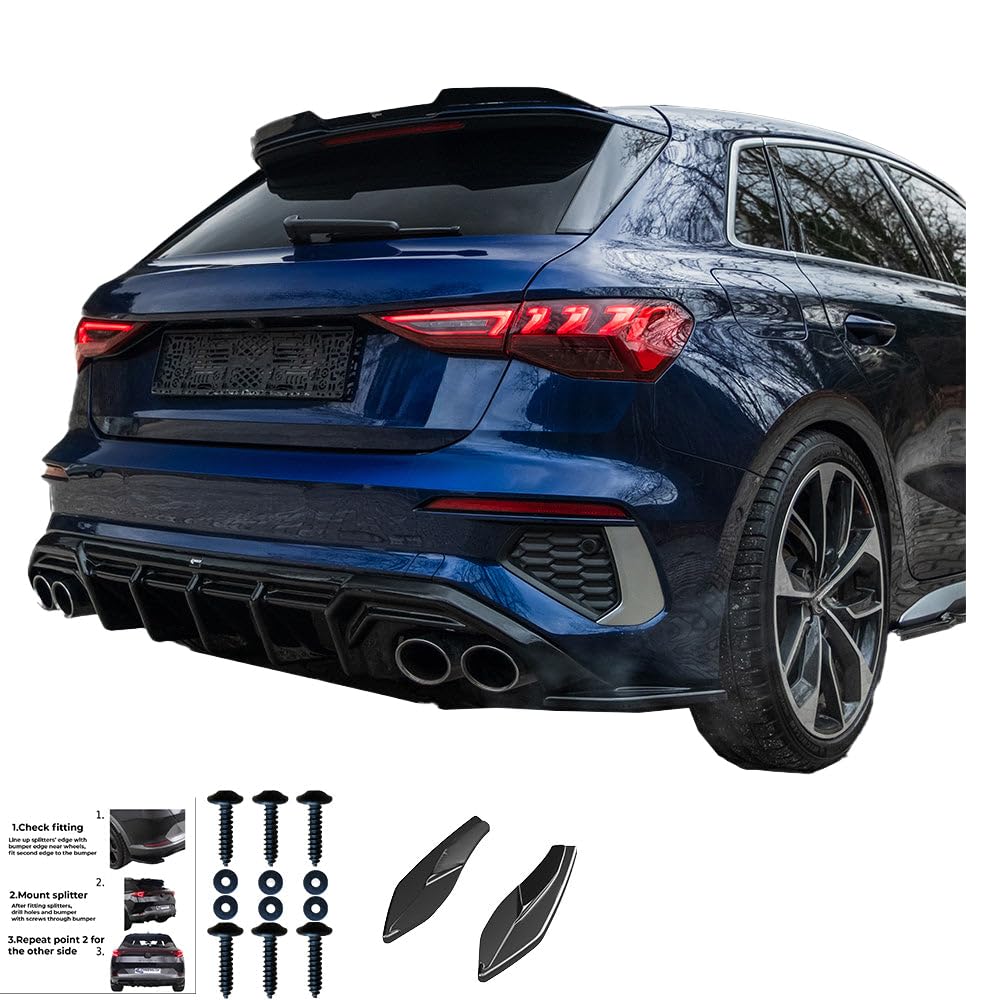 Oneway Jupes de pare-chocs arrière (coins) compatible avec Audi A3 8Y Sportback S3/S-Line 2020-2024 - Noir brillant