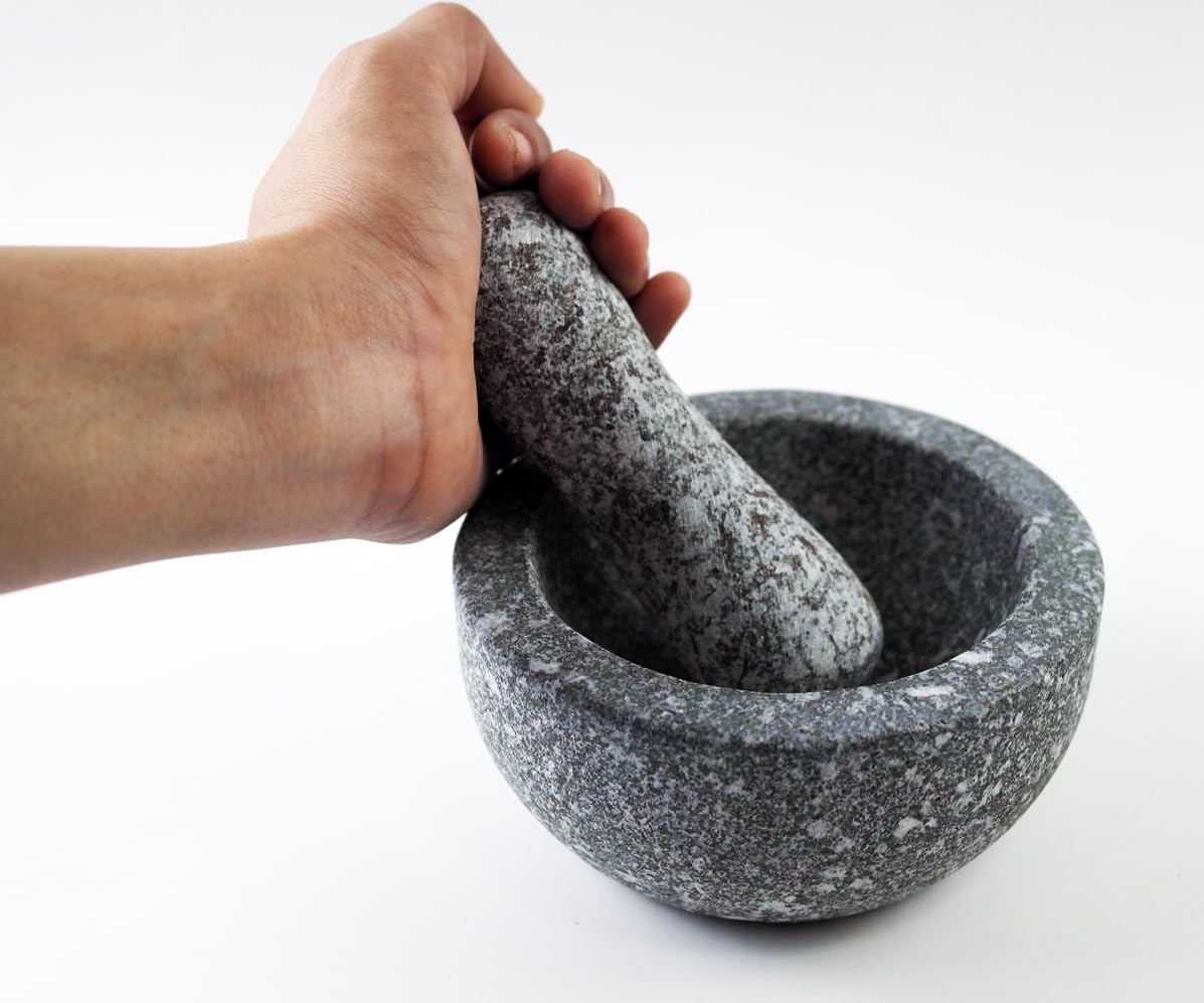 Juego de molcajete de piedra natural de 12,7 cm, capacidad de 1,5 tazas: 12,5 cm, mortero y mortero de granito para guacamole, molinillo para especias, condimentos, hierbas, especias, ajo, cocina,