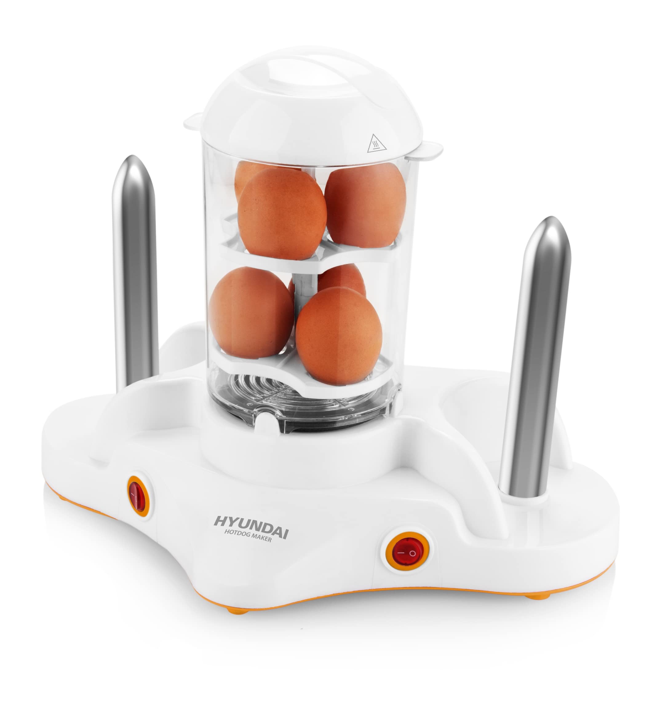 HYUNDAI Hot-Dog-Maker HDM 120 I 1-12 Würstchen I 1-6 Eier I Maiskolben kompatibel I 2 Ständer zum erhitzen von Brötchen I Kleiner Helfer für Wiener, Eier und Mais