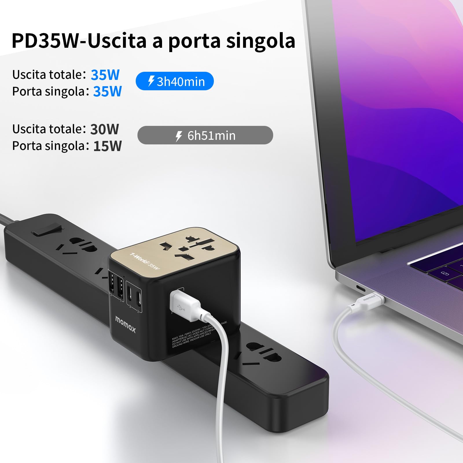 MOMAX Adattatore universale da viaggio PD35W con 3USB-C, 2USB-A e 1AC, adattatore internazionale per USA Canada UK Australia Cina Giappone Titanio