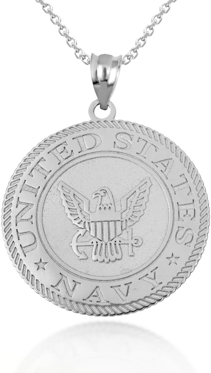 10K Yellow, White or Rose Gold 1-1/10” Round Officially Licensed United States Navy Eagle Emblem Medal Pendant Necklace - Choice of Chain Length