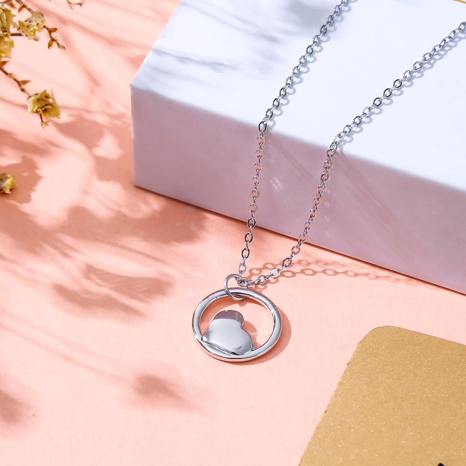 Sterling Silver Heart Circle Necklace for Women, Teachers Appreciation Day Gift