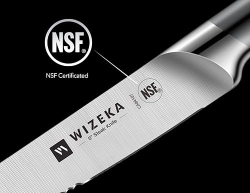 Miniatura 5 de WIZEKA Juego de 4 cuchillos para carne, acero inoxidable alemán, juego de cuchillos de filete dentados de 5 pulgadas, juego de cuchillos de diseño
