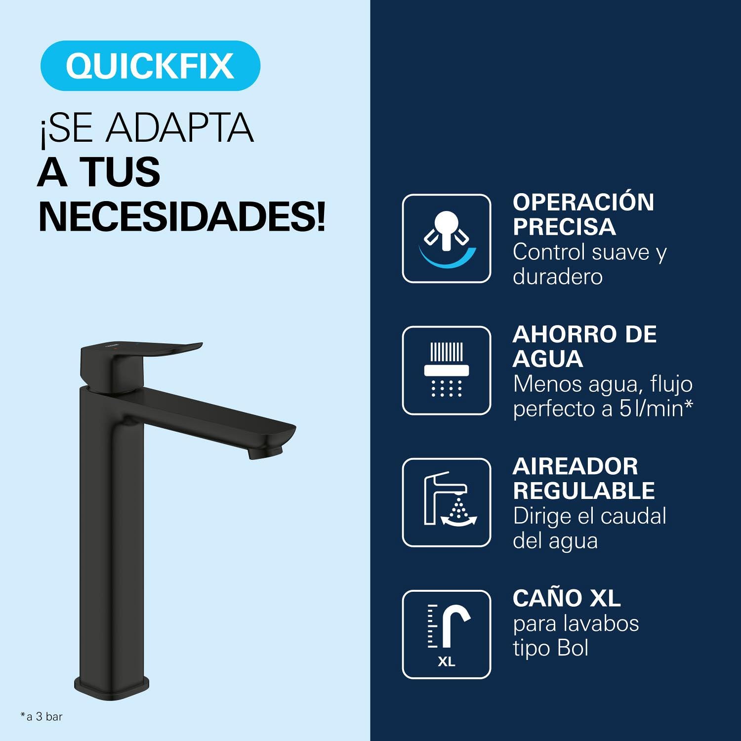 GROHE Dice Grifo de Lavabo XL Cuerpo Liso para Lavabos Exentos (Cartucho Cerámico 28 mm, Ahorro de Agua, Conexiones 3/8", Fácil de Instalar QuickTool Incluido), Negro Mate, 1018922430