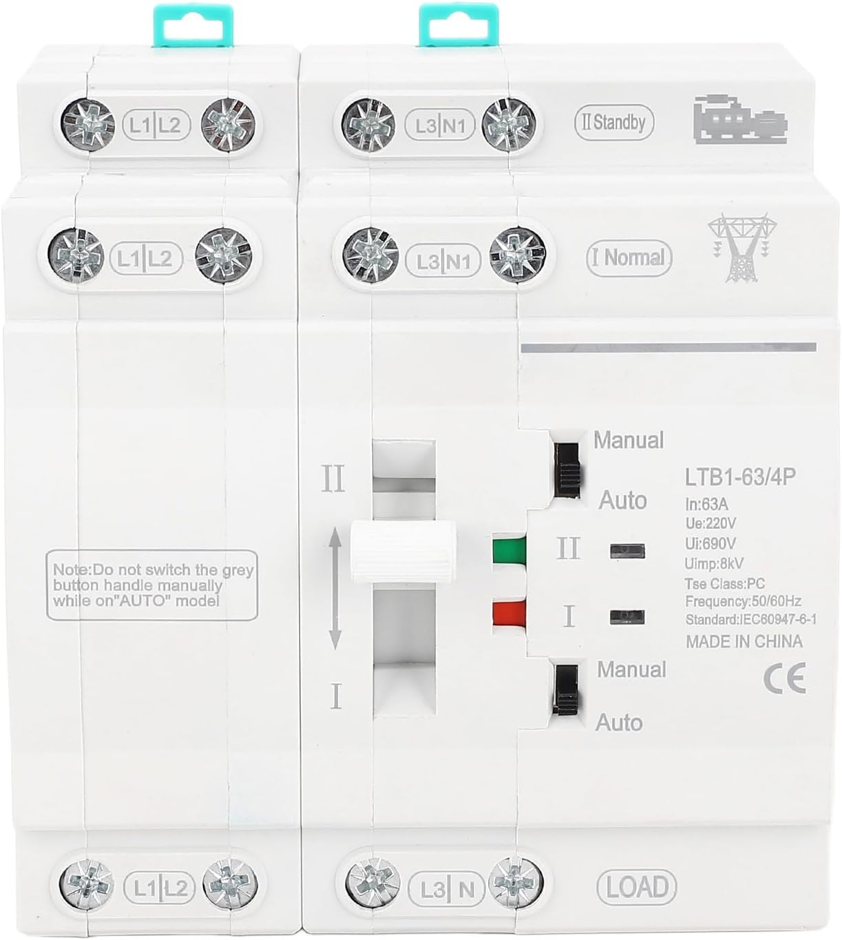 ATS Dual Power Automatic Transfer Switch, 4P 63A Mains to Motor Uninterrupted Millisecond Level Power Din Rail Mini ATS, Double Electrical Selector Switch, 50/60 Hz