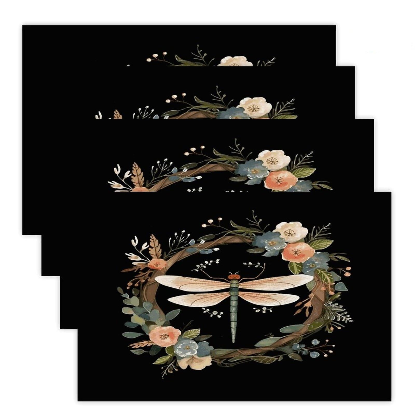 Image of Dragonfly in Wreath Placemats Heat-Resistant Washable Place Mats Anti Slip Dining Table Place Mats Wipeable Dining Table Mats Kitchen Decoration Placemats 17.7’’×11.8’’