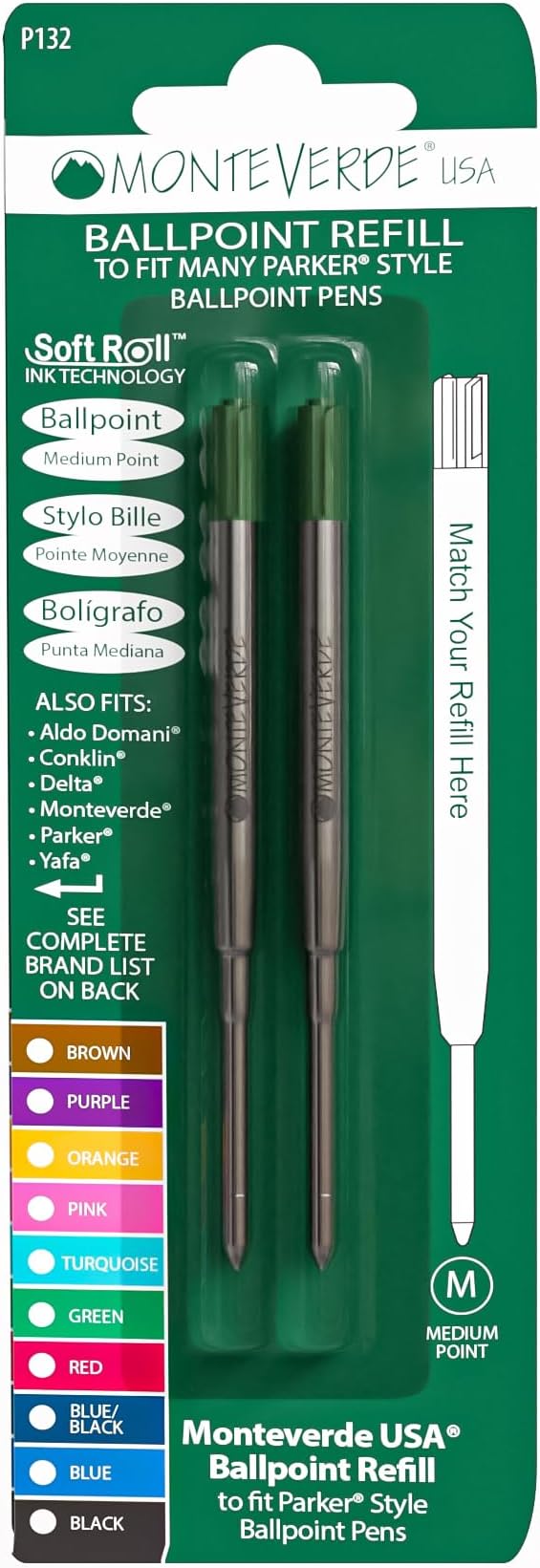 Monteverde Ballpoint Refill to Fit Parker Ballpoint Pens, Medium Point, Soft Roll, Green, 2 per Pack (P132GN)