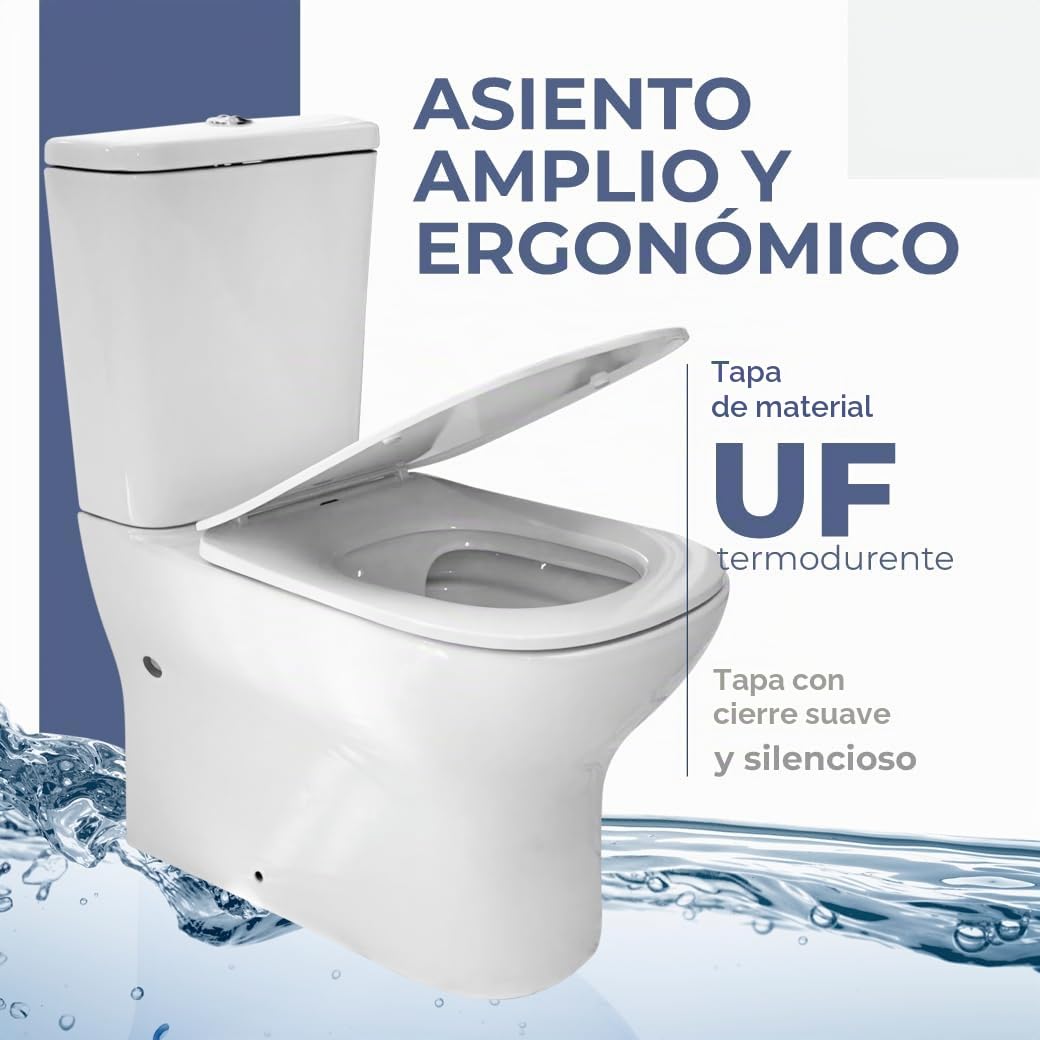 Inodoro SHAMY Compacto De Dos Piezas. Diseño Exclusivo, De Líneas Suaves y Actuales. De Cerámica Blanca. Mecanismo Economizador 3/6. Salida Dual. Tapa Y Asiento en ABS. Sistema Rimless.