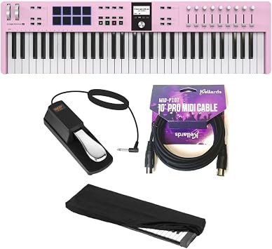 Arturia KeyLab Essential 61 mk3 Rose Quartz Bundle with Auray FP-P1L Universal Piano-Style Sustain Pedal, MID-P10T Pro MIDI to MIDI Cable 10 Feet, Kaces KKC-MD Stretchy Keyboard Dust Cover, medium
