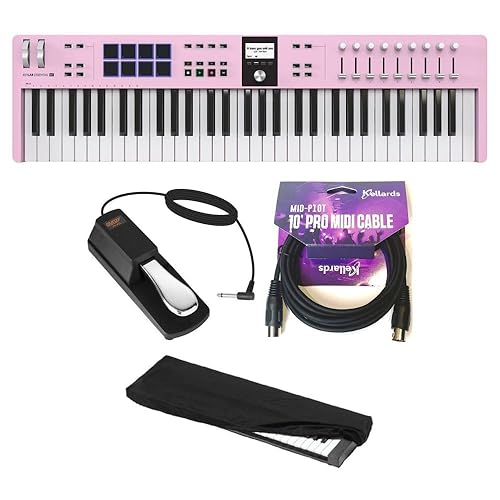 Arturia KeyLab Essential 61 mk3 Rose Quartz Bundle with Auray FP-P1L Universal Piano-Style Sustain Pedal, MID-P10T Pro MIDI to MIDI Cable 10 Feet, Kaces KKC-MD Stretchy Keyboard Dust Cover, medium