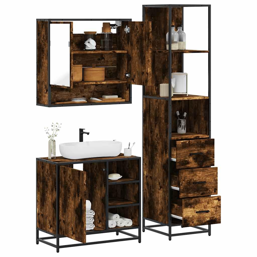 3-częściowy zestaw mebli łazienkowych, dąb wędzony, materiał drewnopochodny z metalowym stelażem, szafka z lustrem 65 x 20 x 60 cm, szafka pod umywalkę 65 x 33 x 60 cm, wysoka szafka z