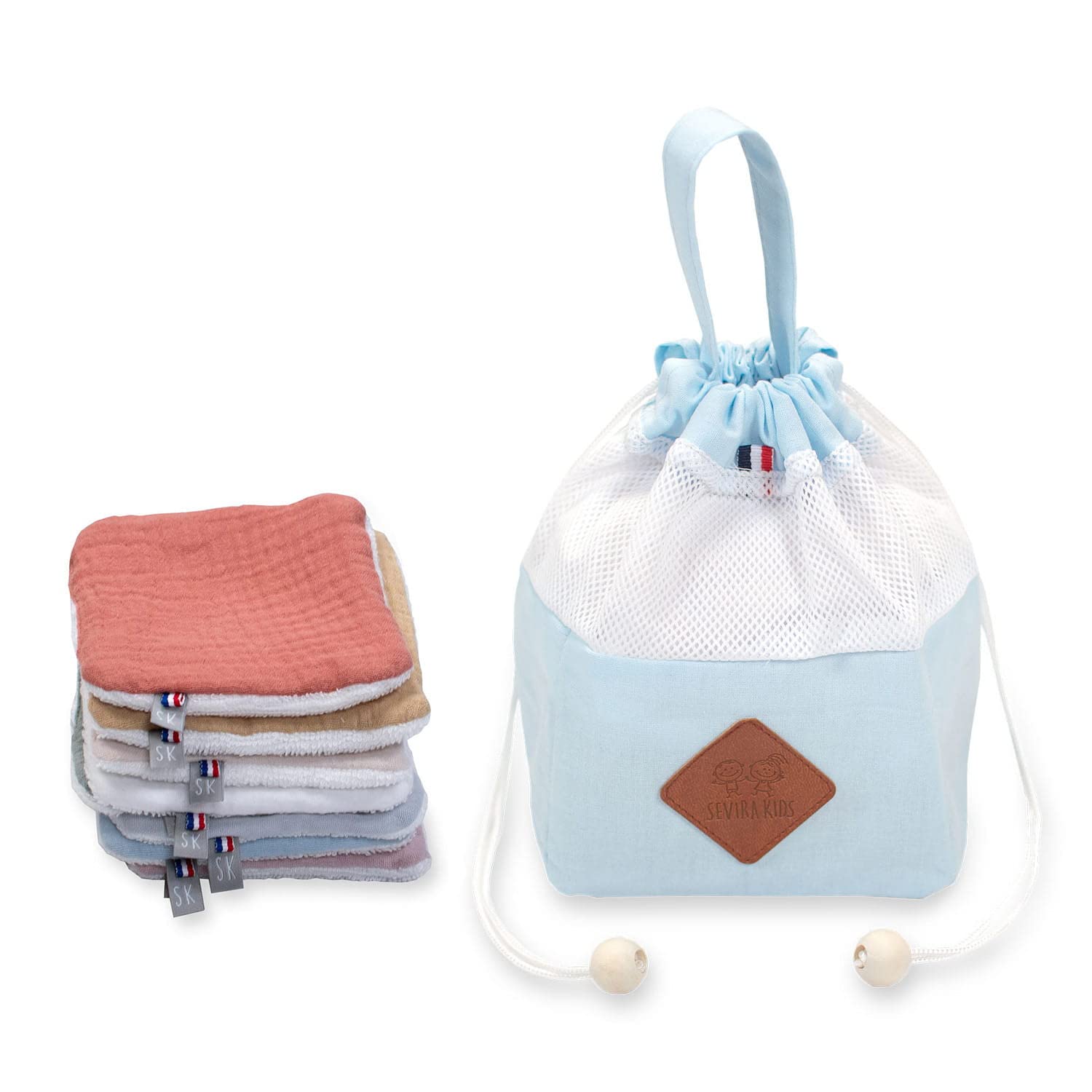 SEVIRA KIDS - Pochon distributeur et ses 8 lingettes lavables, Jeanne - 22x12x12 cm Made in France