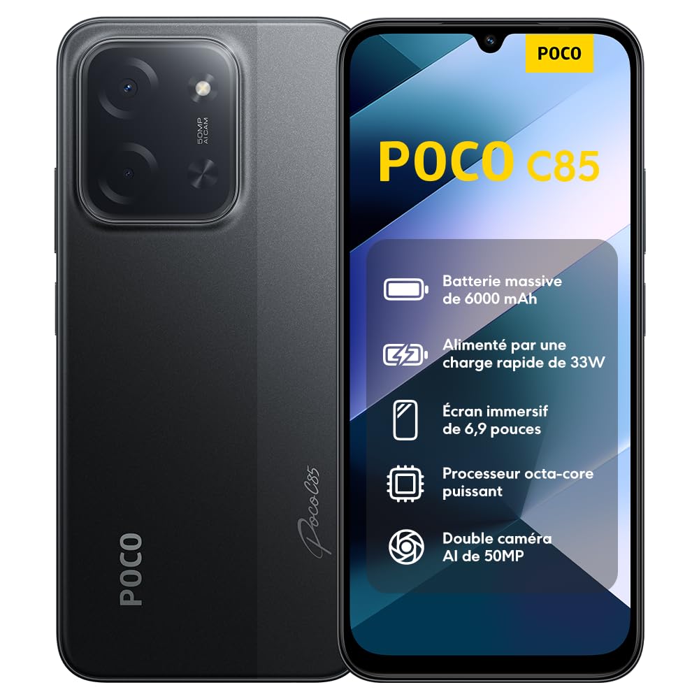 XIAOMI POCO C85 Smartphone 6+128 Go Double Caméra IA 50 MP - Noir | Écran 6,9 pouces 120Hz, Épaisseur 8mm, batterie 6000mAh, MediaTek Helio G81-Ultra, 2 ans de garantie, chargeur non inclus
